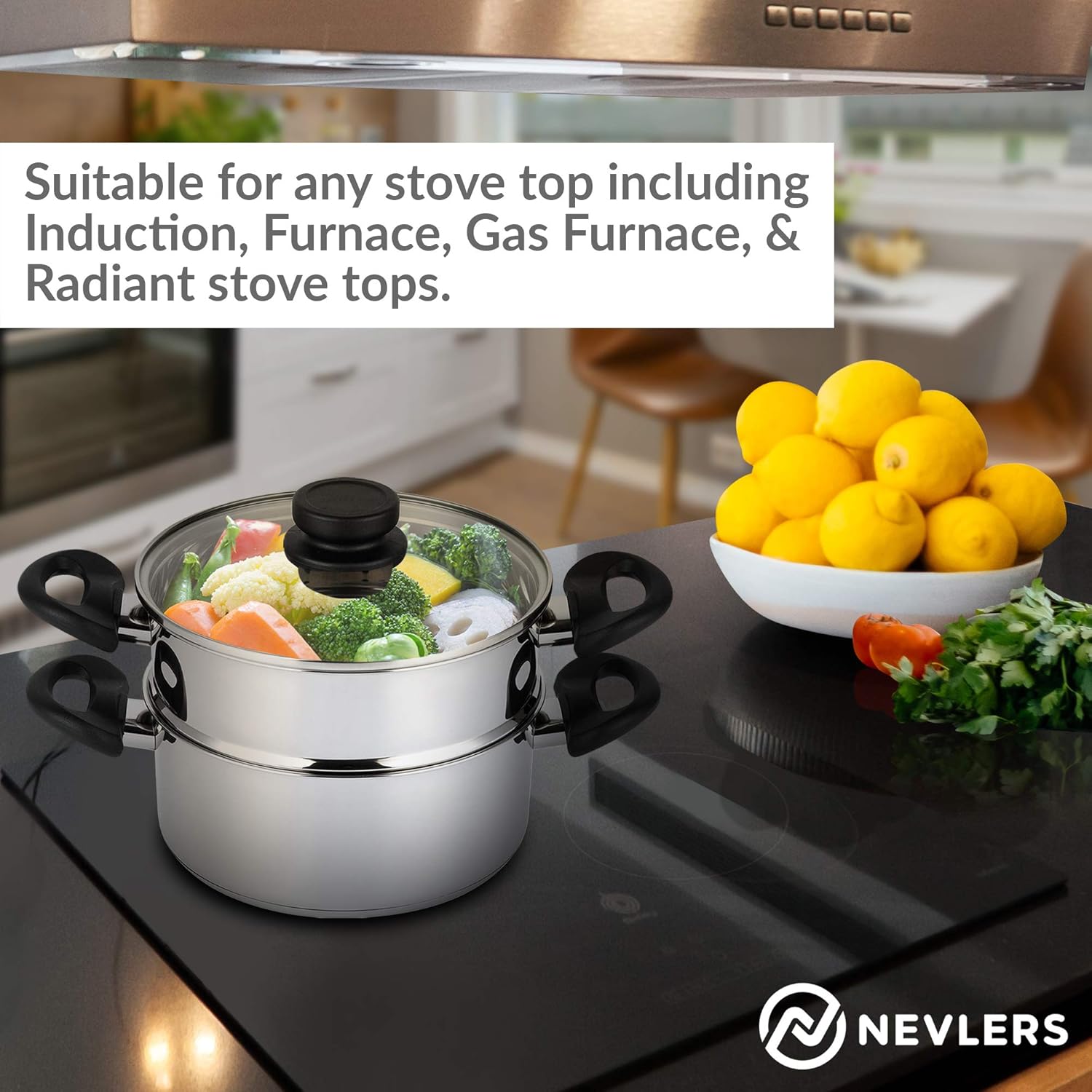 Nevlers Stainless Steel 3 Quart Steamer Pot with 2 Quart Steamer Insert and Glass Vented Lid - 3 Piece Set - Safe and Durable - Great Addition to Every Kitchen: Kitchen & Dining