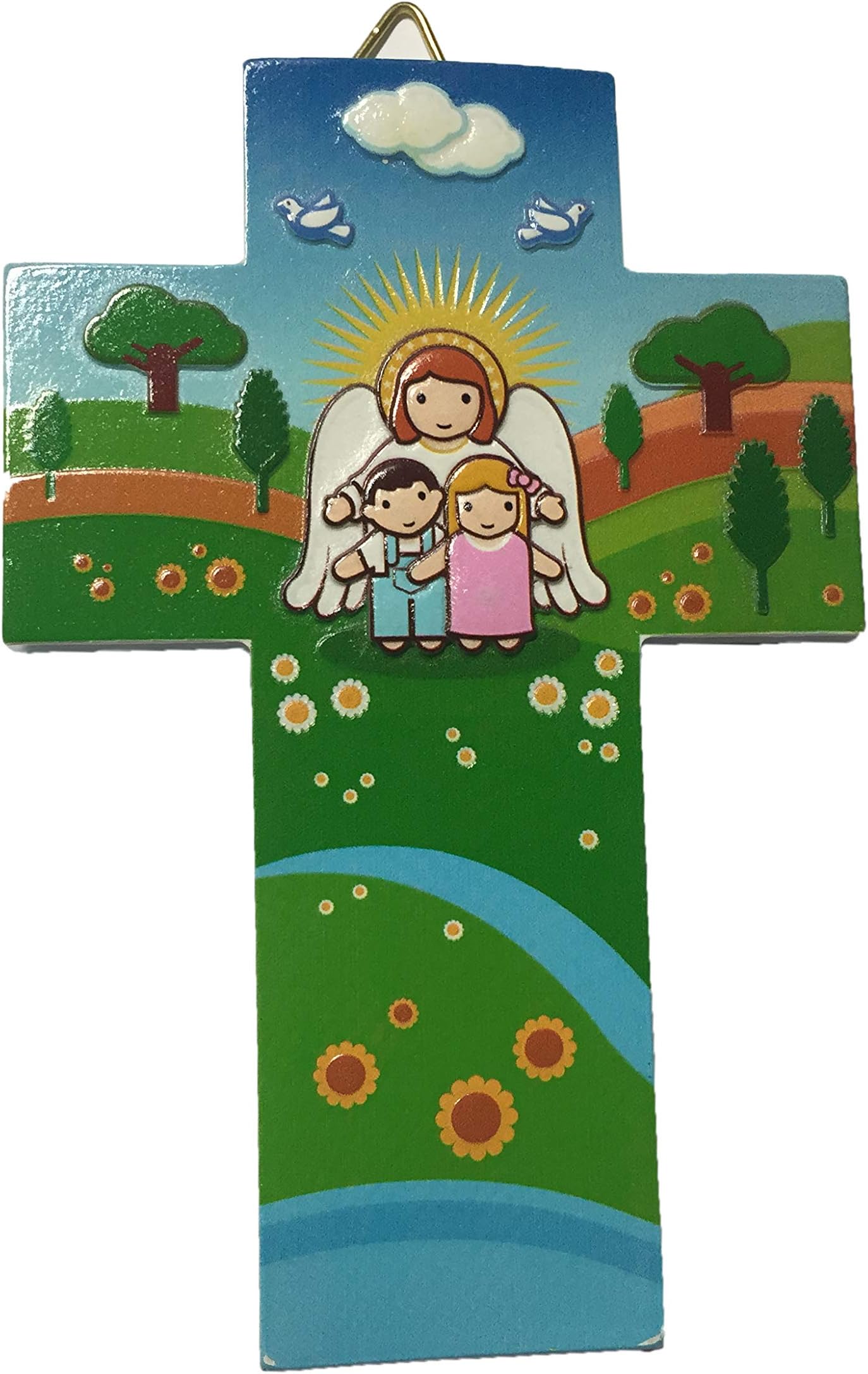 3D Resin Guardian Angel Protecting Children Hanging Wall Cross by Drops of Water, 5 3/4 Inches