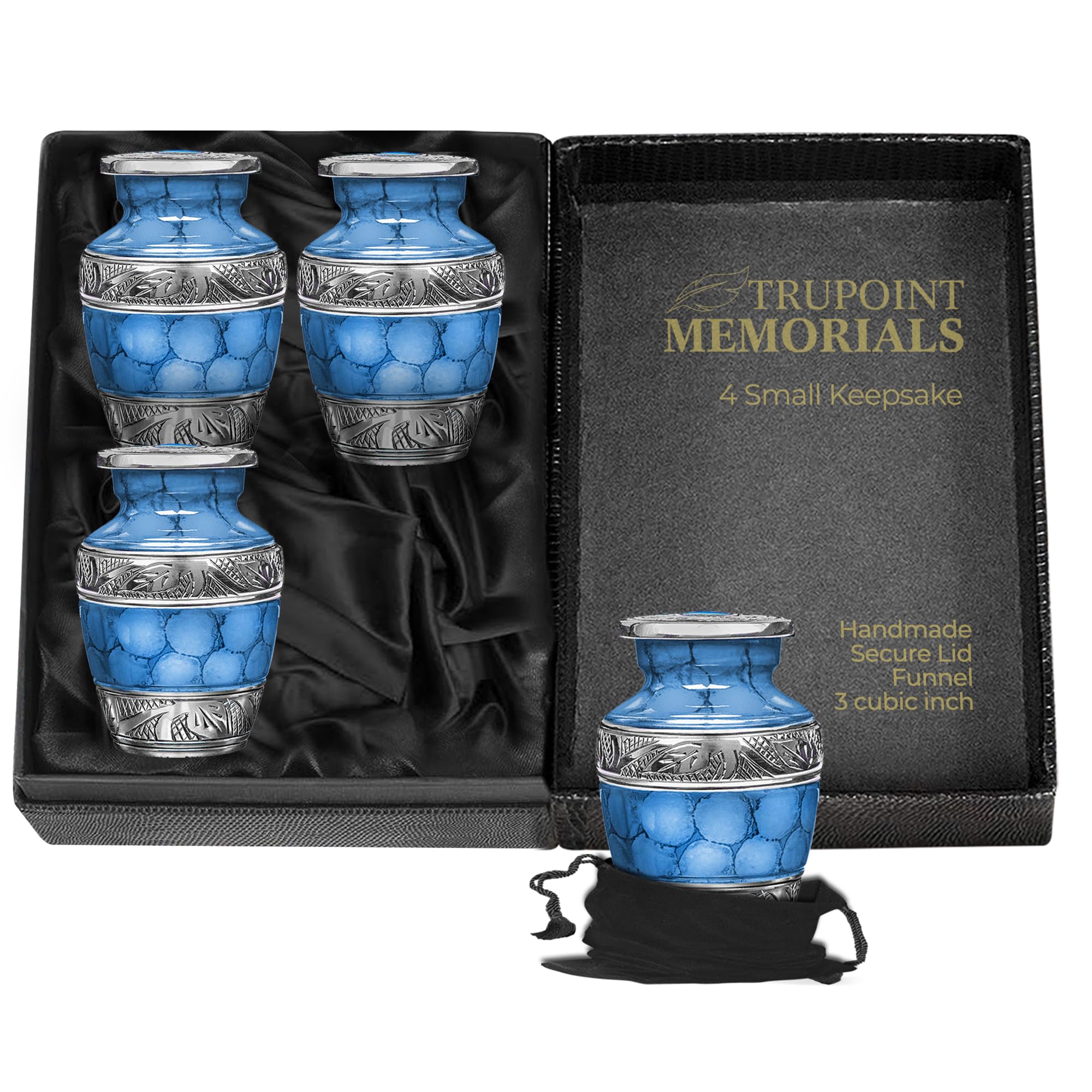 Trupoint Memorials Small Urns for Human Ashes Keepsake, Decorative Mini Cremation Urn for Adult Men & Women, Set of 4, Light Blue with Silver Lining