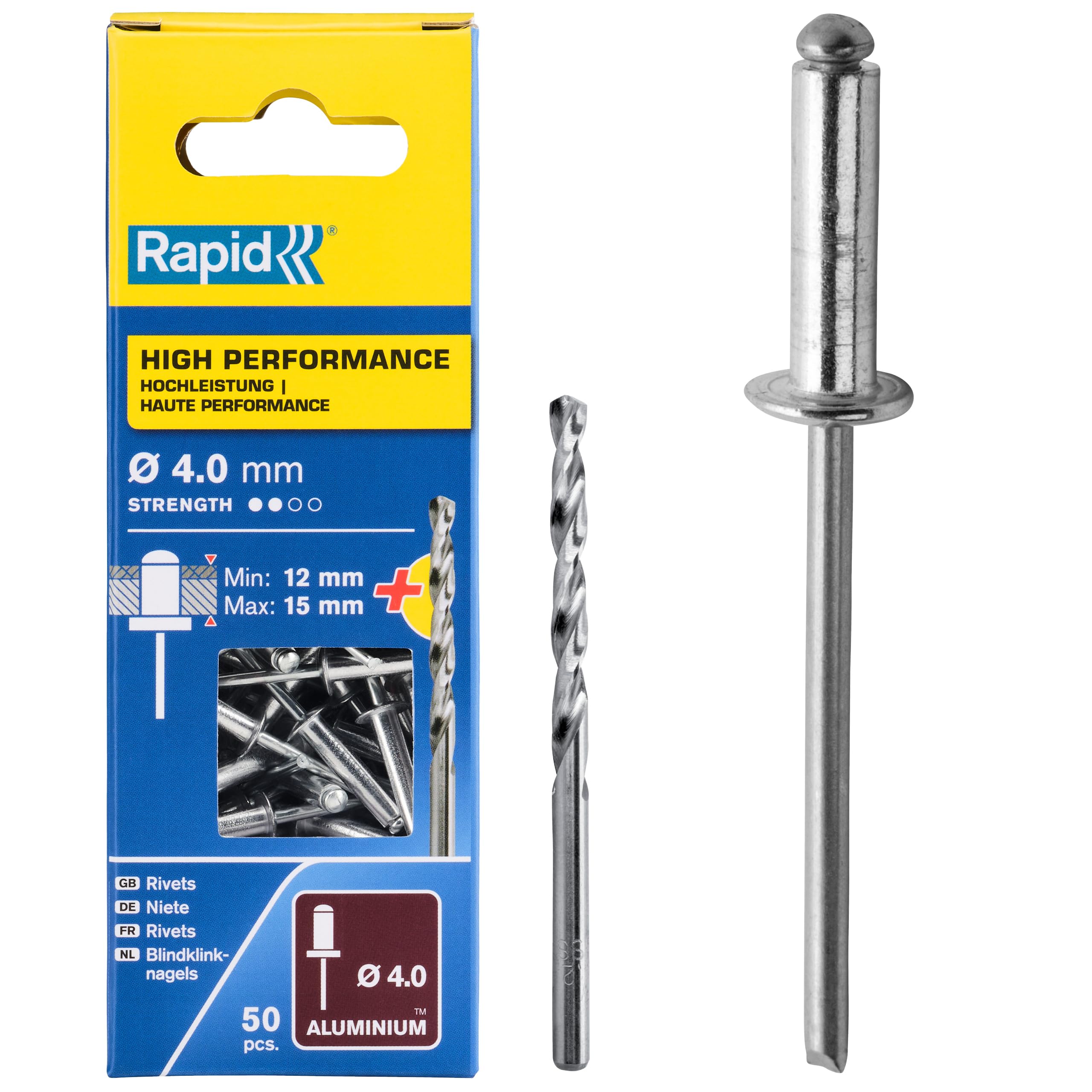 Rapid Rivets High Performance Including Drill Piece, 4 x 18 mm, 5000386 - 50 Pieces, Silver/ Blue/ Clear