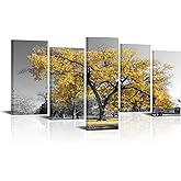 Visual Art Decor 5 Pieces Canvas Painting Prints Large Autumn Yellow Tree in Black and White Fall Landscape Home Office Wall Decoration Framed Wall Decor Artwork