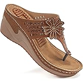 Aomigoct Wedge Sandals Women Flip Flops with High Increased Flower Platform Sandals for Women Dressy Summer Wedge Shoes Cushion FootBed Comfort Flip Flops