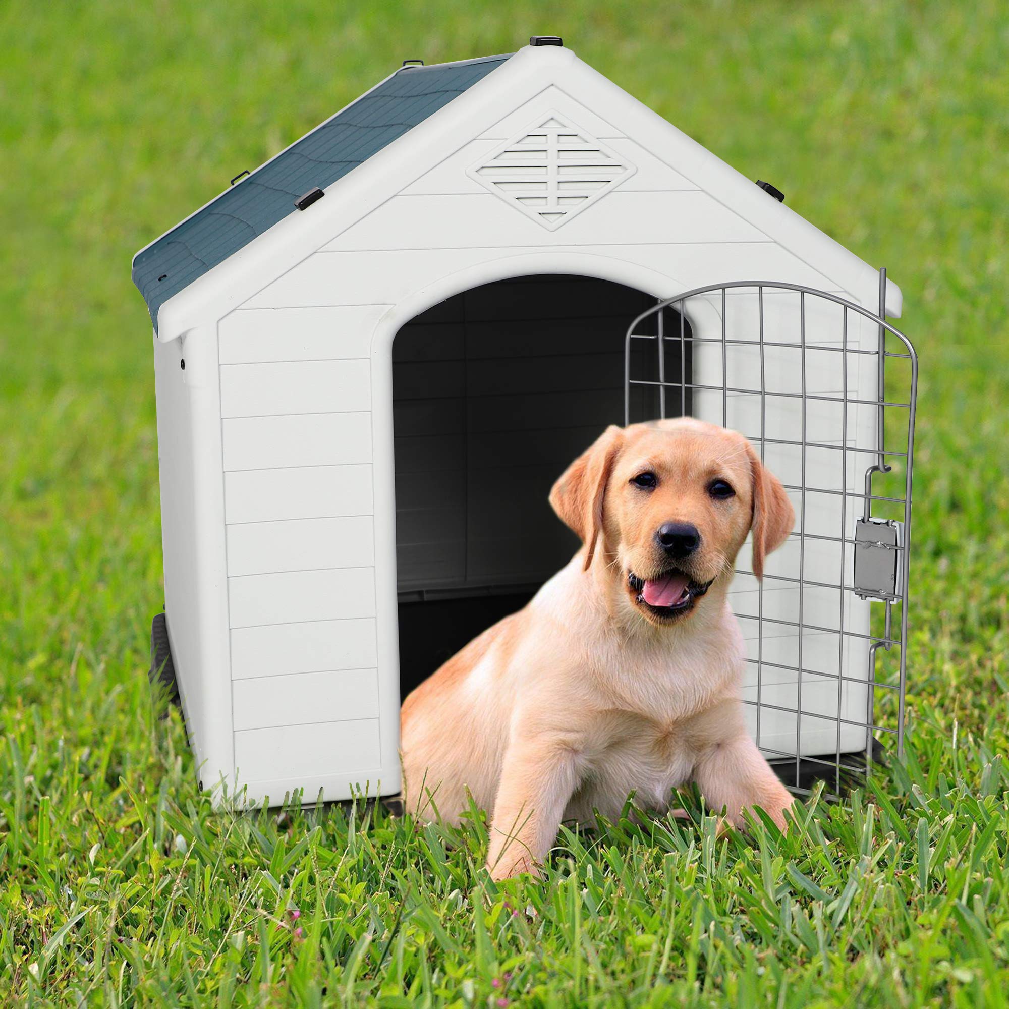 LONABRPlastic Outdoor Dog House with Door for Pet Weatherproof Kennel Small to Large Size,Blue & White (M-31.5" L x 29" W x 32”H)