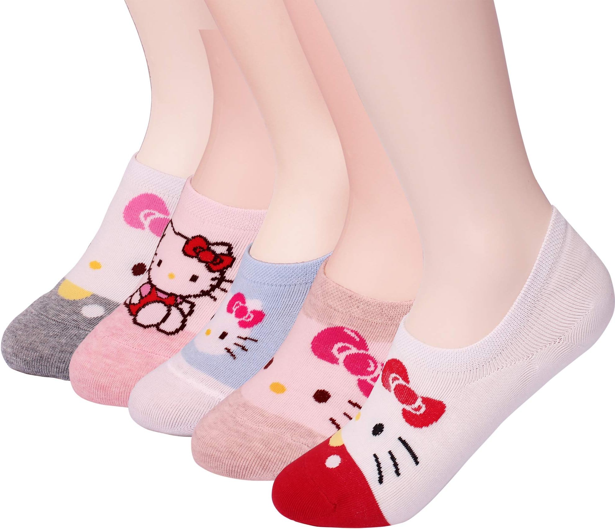 Womens Hello Kitty Basic 3 to 8 Pack Casual Fashion No Show Liner silicon Fake Peds Foot Socks Non Slip Socks
