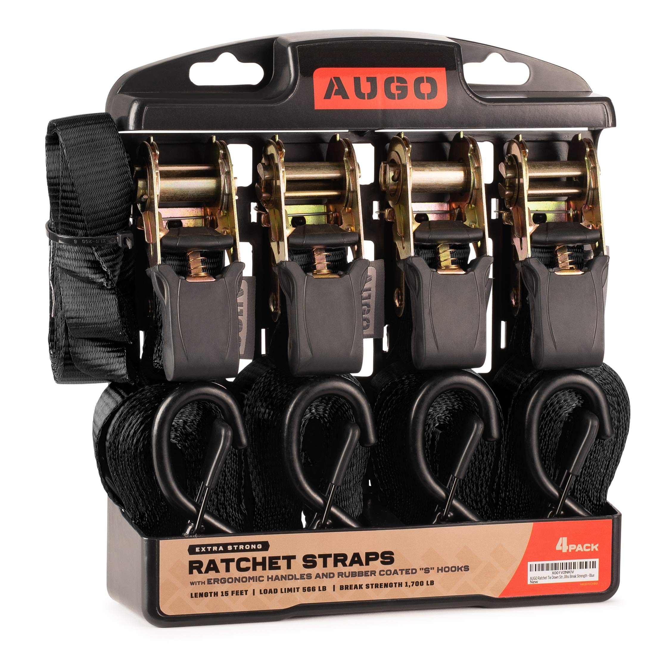 AUGO Extra Strong Ratchet Straps & Soft Loops - 4 Pack - 2.5 cm x 4.5 m - Ratchet Straps w/S-Hook Safety Latches & [4] Soft Loop Tie Downs - 770 KG Break Strength for Furniture, TVs, Surfboards, Etc.