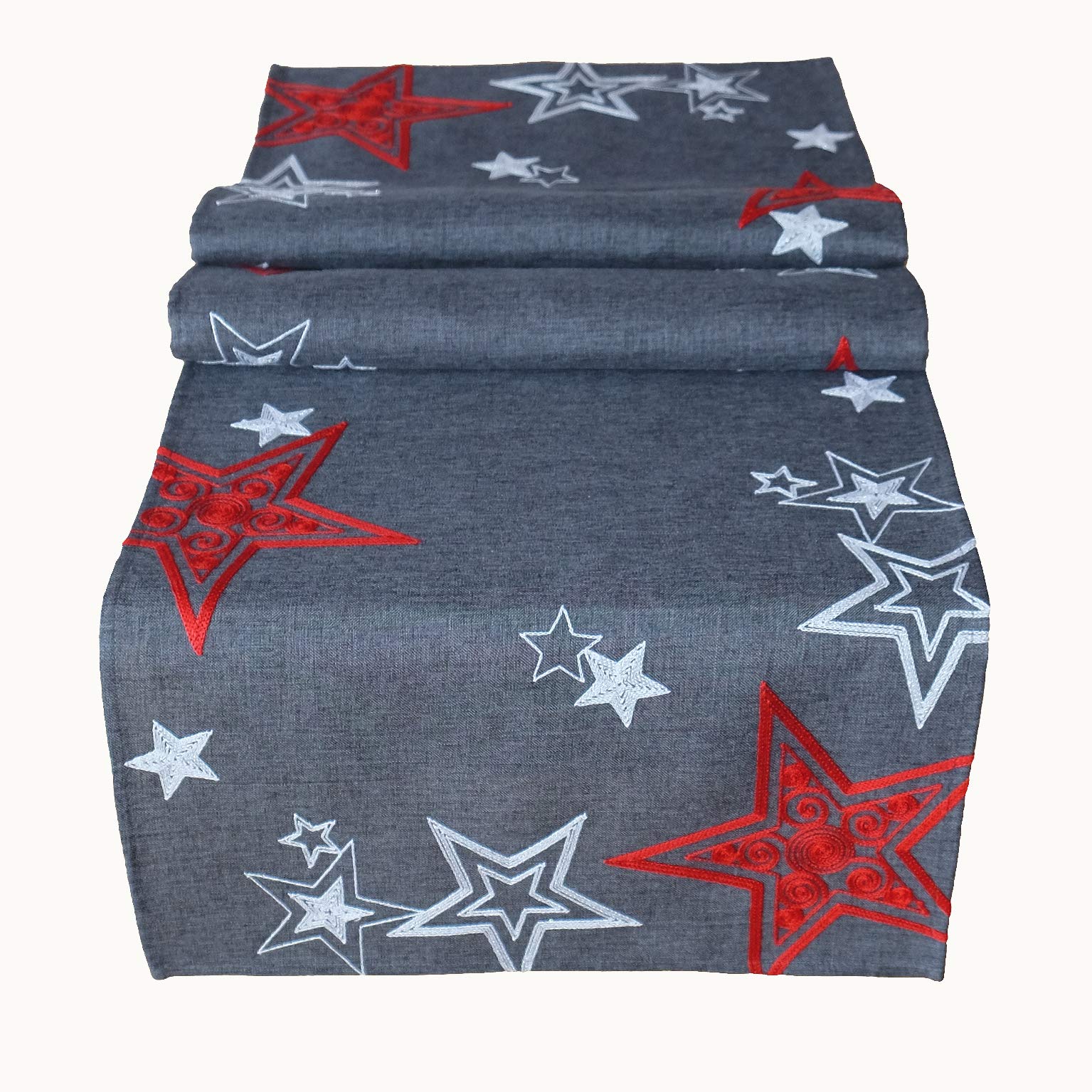 Raebel OHG Table Runner Embroidery Stars Snowster Table Cloth Christmas Decoration Christmas Table Cloth, Dunkelgrau-rot-silber, 40 x 140 cm