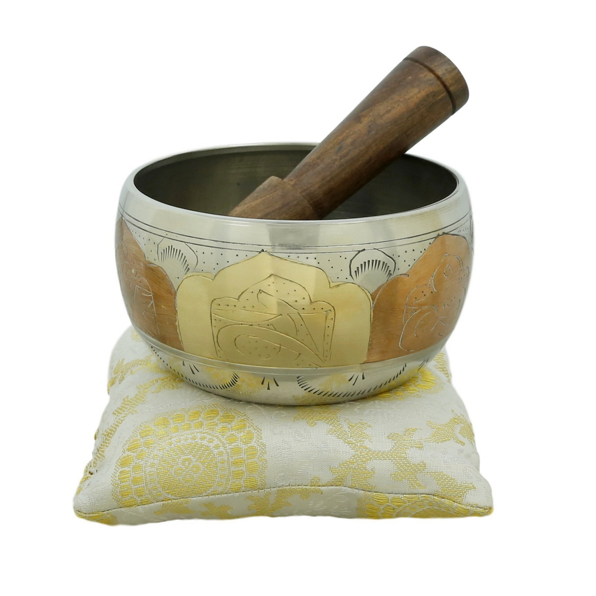 Ajuny Tibetan Singing Bowl Set Handmade Brass Sound Bowl with Mallet & Cushion Spiritual Design Meditation Yoga Mindfulness & Chakra Healing Therapy Stress Relief Gift (Multicolor, 4 In)
