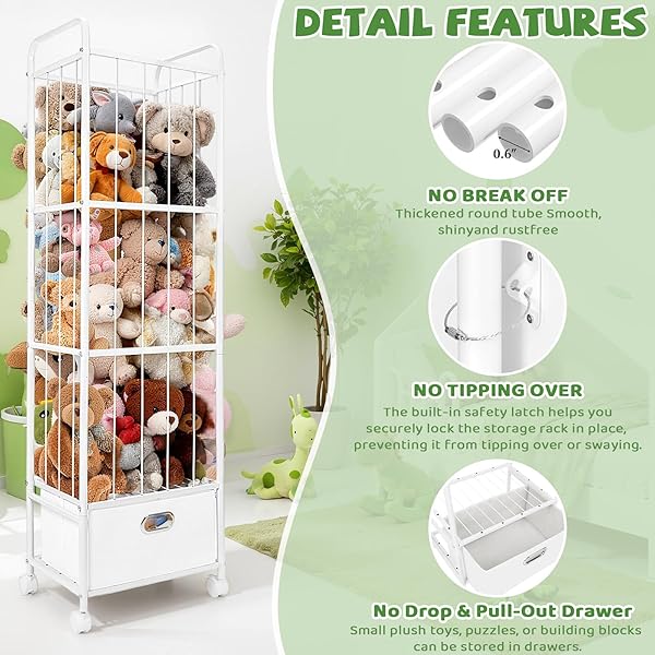 PUPPILUV STUFFED ANIMAL STORAGE, METAL STUFF ANIMALS ZOO HOLDER WITH FABRIC DRAWER AND WHEELS TALL VERTICAL PLUSHIES TOY ORGANIZER PLUSH STORAGE CAGE WITH ELASTIC BAND FOR NURSERY PLAYROOM CORNER