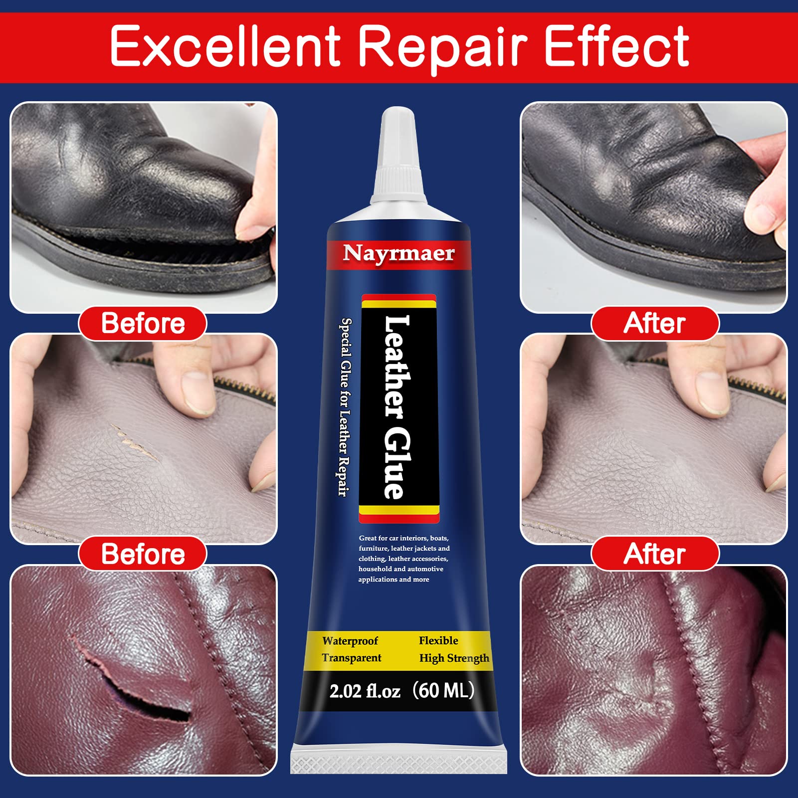 Nayrmaer Leather Glue, Special Fabric Adhesive Permanent Clear Washable for BondingLeather and Different Materials (Leather Glue, 60 ML * 1 Pack)