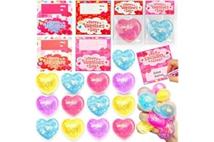 AMENON 28 Pack Valentines Day Gifts for Kids with Prefilled Heart Glitter Stress Balls Valentines Day Cards for Kids School Stress Relief Squeeze Toys for Boys Girls Valentine Classroom Exchange Party Favors