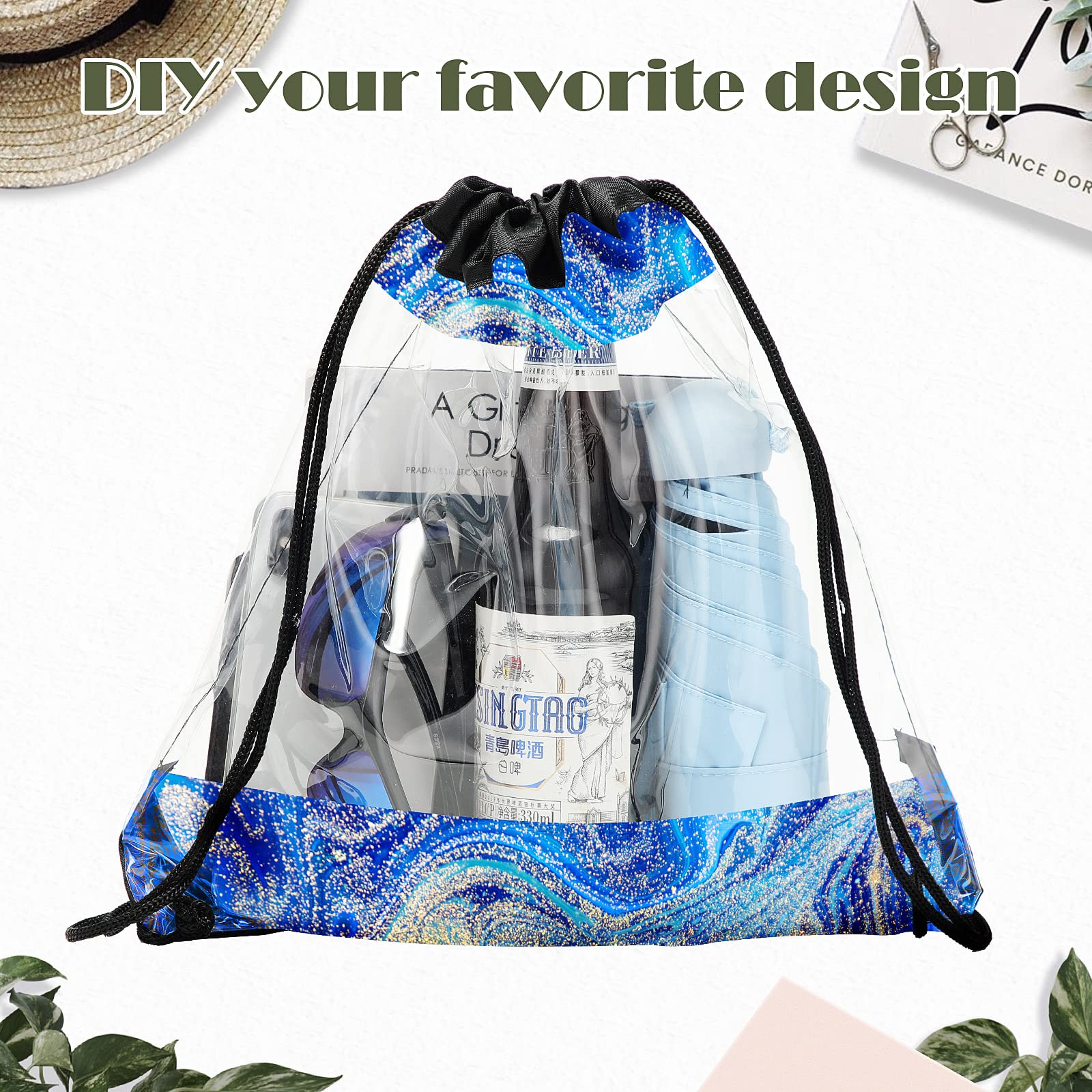 Shappy 30 Pieces Clear Drawstring Backpack, Plastic Waterproof Transparent Stadium Bags String Bag for Gym Travel(Black)