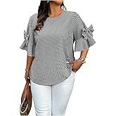 SOLY HUX Women's Plus Size Plaid Blouse Gingham Bow Ruffle Half Sleeve Summer Casual Going Out Tops Black and White Plaid 3X-Large Plus