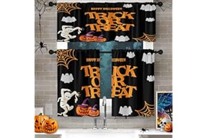 Culudea Happy Halloween Autumn Kitchen Curtains Blue Orange Moon Window Curtains Valance and Tier Set 36 Inch Rod Pocket Short Tier Curtain for Room, Cafe Kitchen Decor
