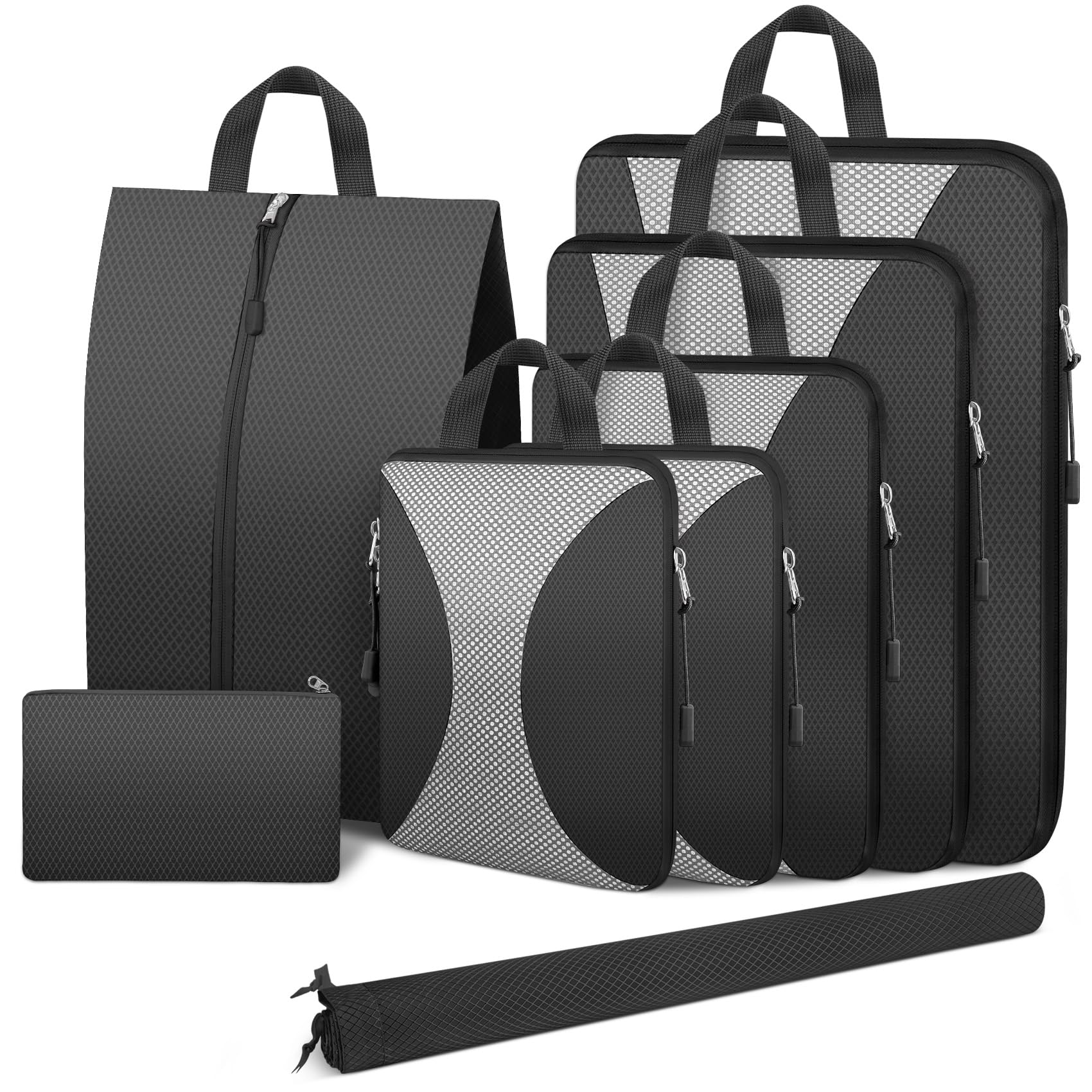 Photo 1 of 8 Set Compression Packing Cubes for Travel, Packing Cubes Compression Travel Accessories Expandable Packing Organizers for Carry on Luggage Suitcase (Black)