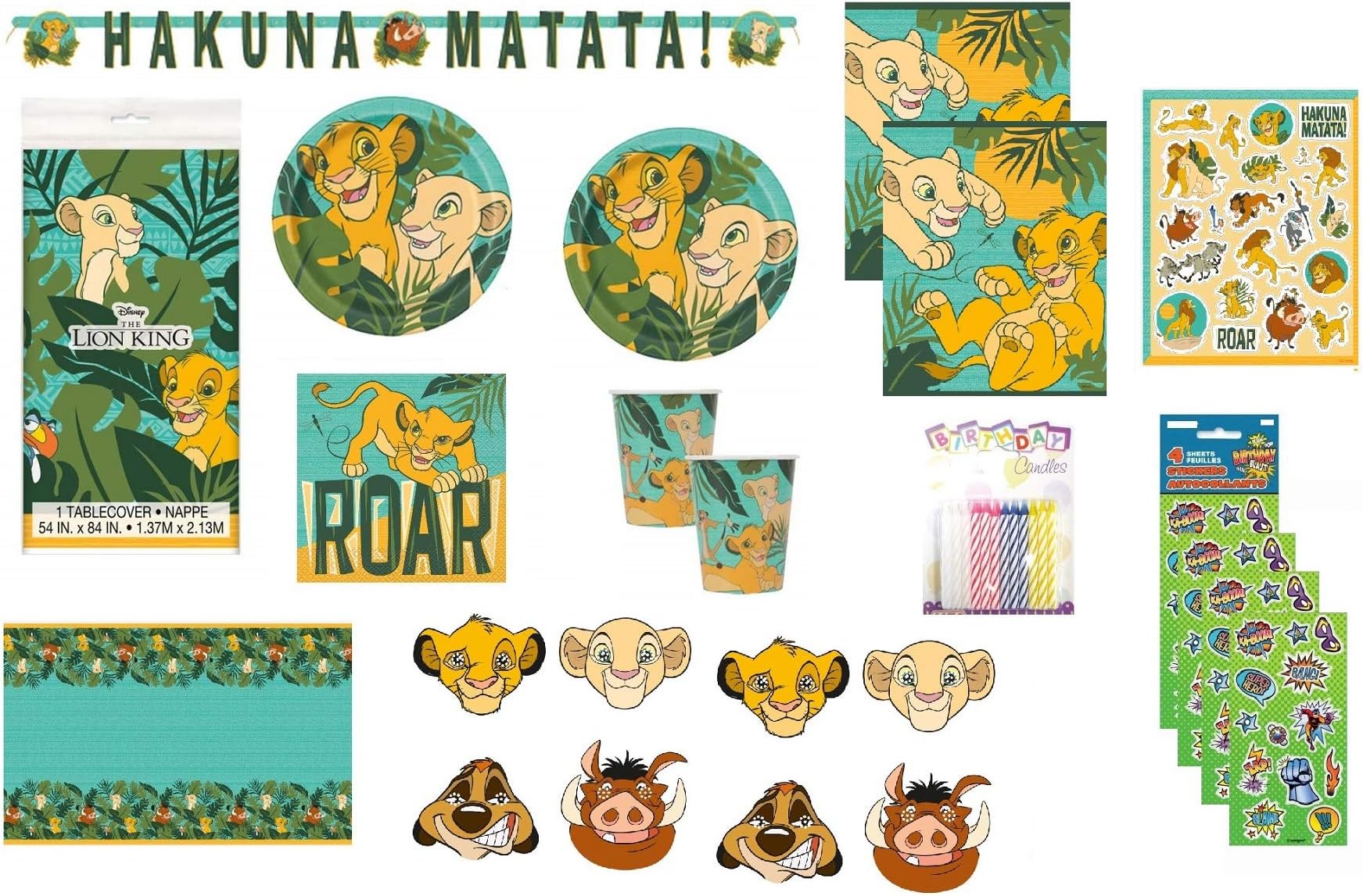 The Lion King Party Supply Bundle for 16 includes Plates, Napkins, Cups, Table Cover, Banner, Loot Bags, Masks, Stickers, Candles