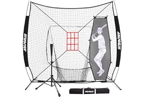 AOLIGEIJS 7'X7' Baseball Softball Practice Net,Pitching Net,Batting Net,with Baseball Tee,Bonus Strike Zone and Bow Frame,for Hitting,Pitching, Catching