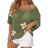 ATHMILE Womens Floral Spring Tops Summer Fashion Shirts Short Sleeve Beach Vacation Crochet Knit Sweater Lightweight Pullover