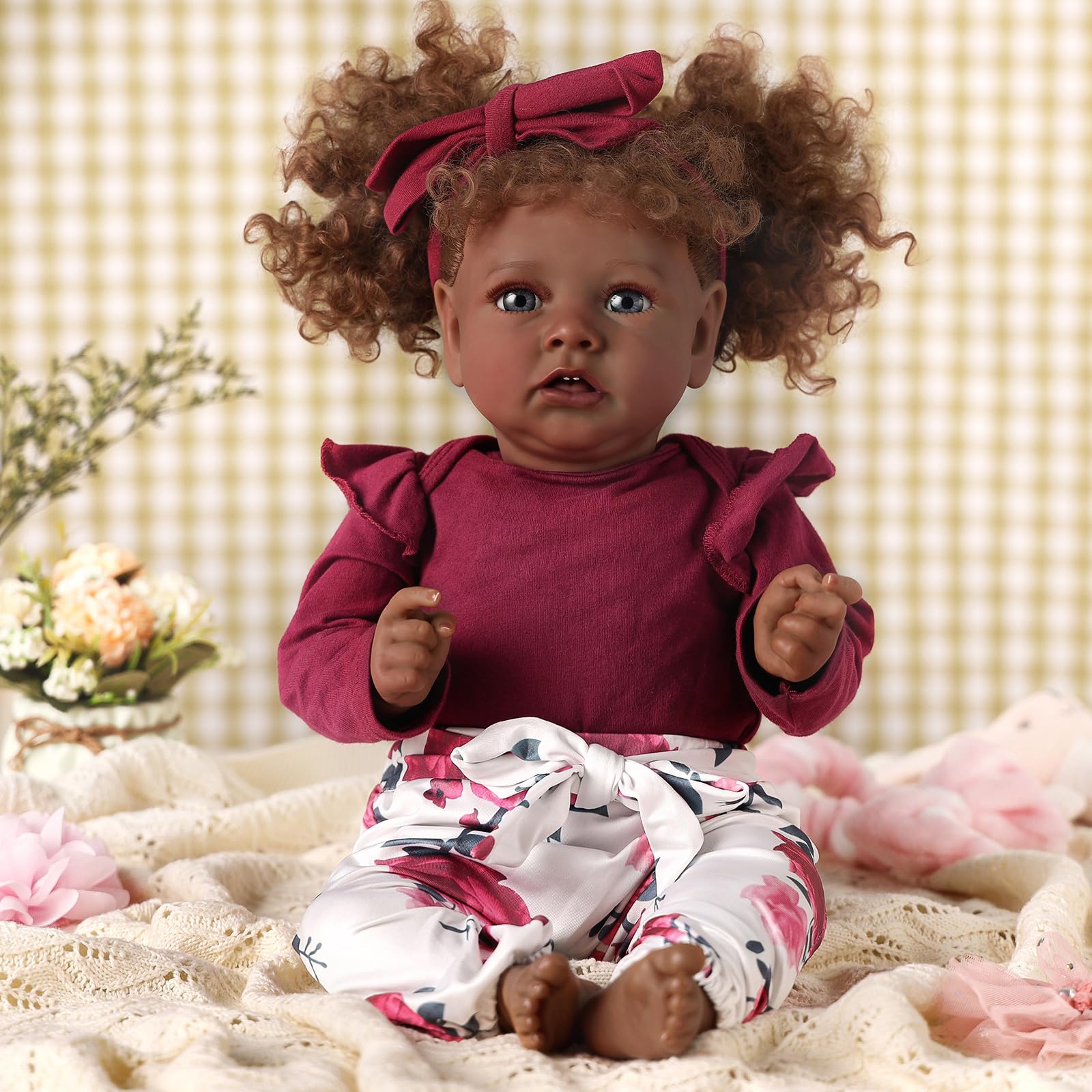 BABESIDE 3 Pcs Reborn Baby Doll Clothes for 17-22 Inch Babydolls, Floral Patterns Lifelike Baby Doll Accessories for Realistic Baby Dolls Girl, Wine Red