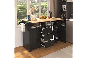 55.7'' Kitchen Island with 2 Drop Leaf & Power Outlet, Mobile Folding Table for 4-6 Seating, Rolling Cart with 3 Drawers, Spi