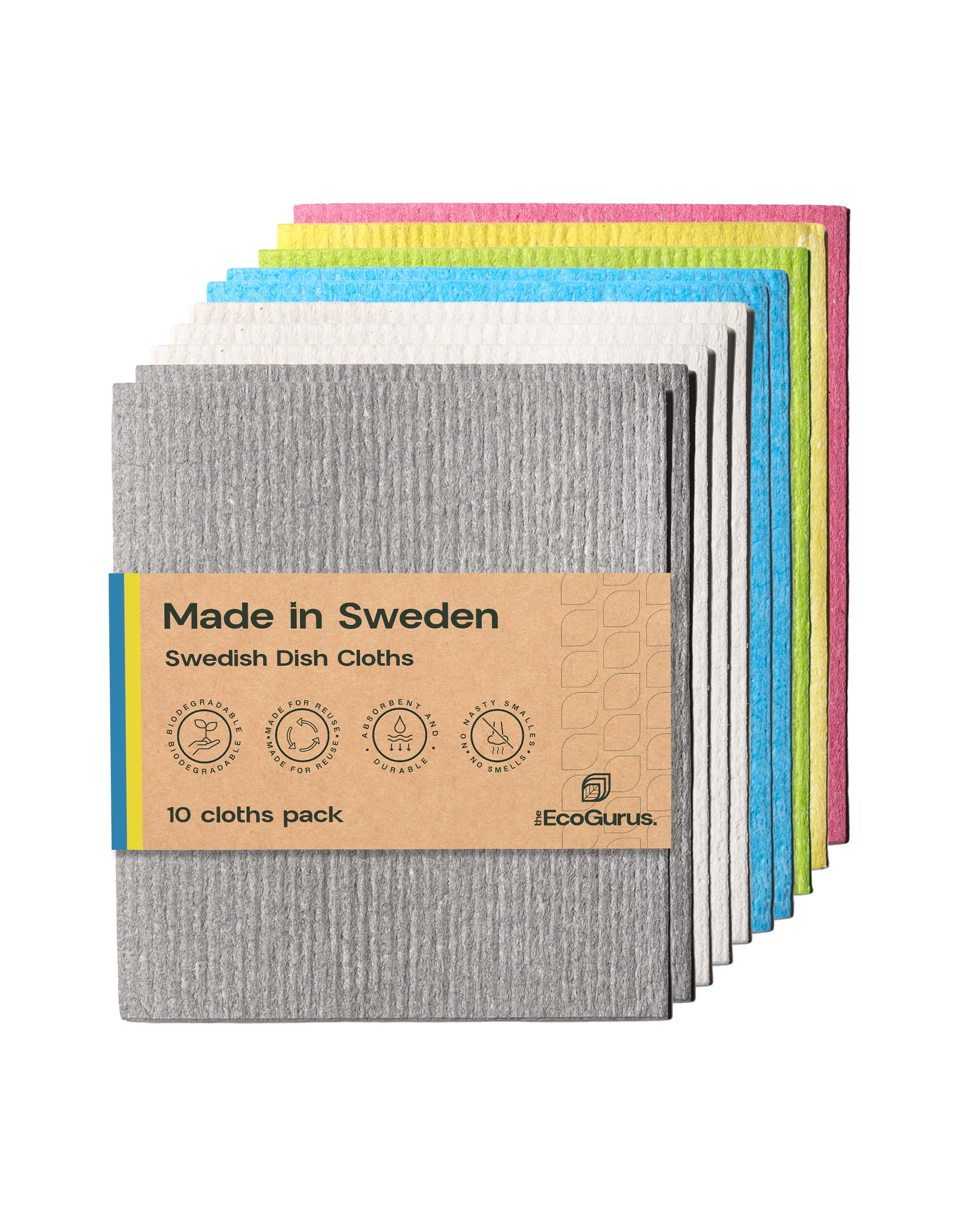10 Pack Odour-Resistant Reusable Cleaning Cloths | Original Swedish Dishcloth | Made in Sweden | Suitable for All Surfaces | Biodegradable Cellulose Sponge | Kitchen & Bathroom | Multi-Coloured