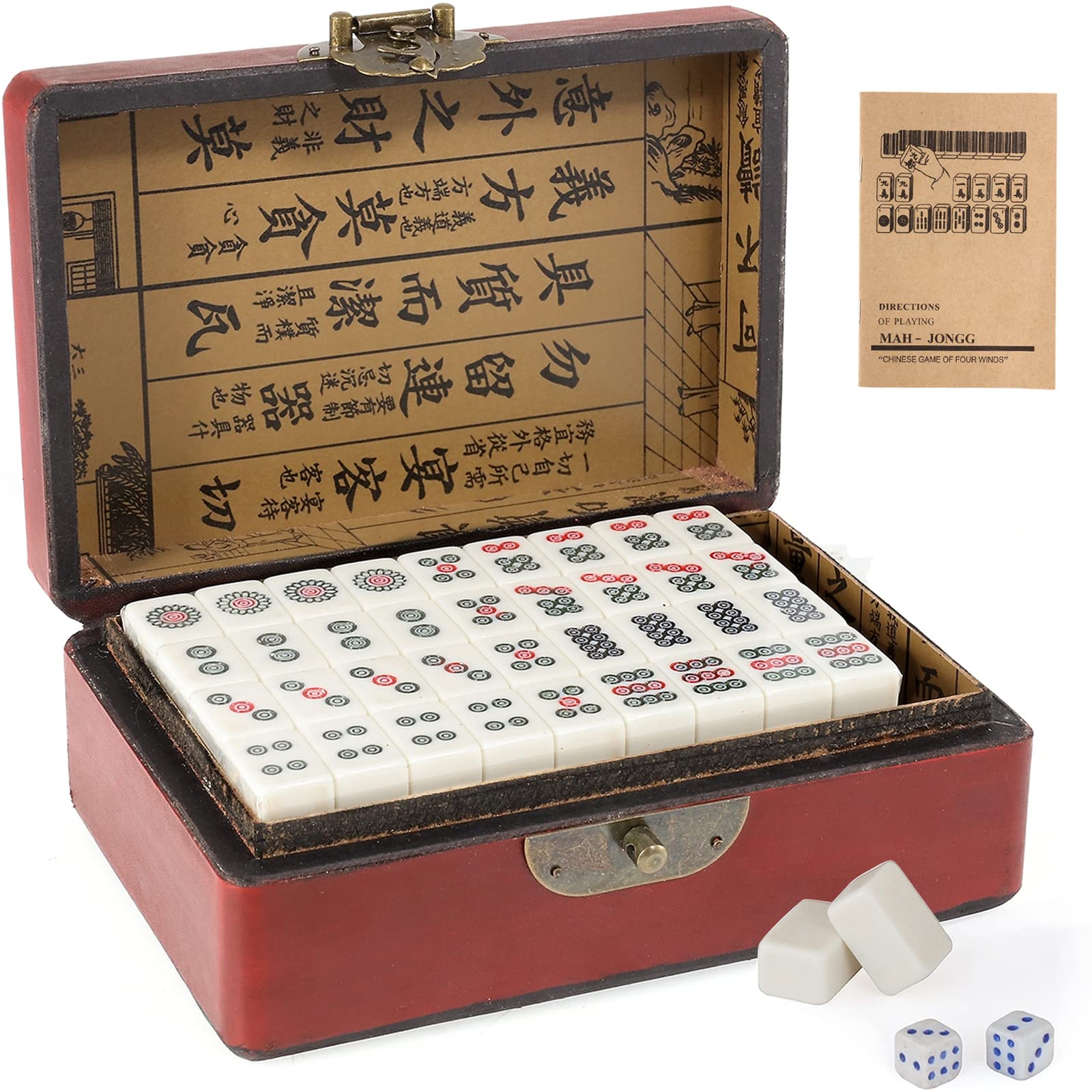Dyna-Living Mini Chinese Mahjong Set, Solid Structure Easy To Read Game, 144PCS Mahjong Tiles, 2PCS Dice & Leather Carrying Case Box, Complete Majong Set for Gathering Table Game
