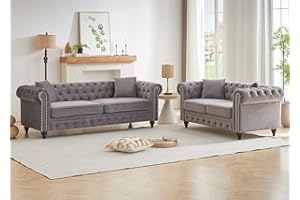 JEEOHEY 2 Piece Living Room Sofa Set, Velvet Button Tufted Couch and Loveseat Set with Nailhead Trim&Roll Armrests, Mid Century Modern Chesterfield Sofa for Living Room, Office(Loveseat+3 Seater, Light Grey)