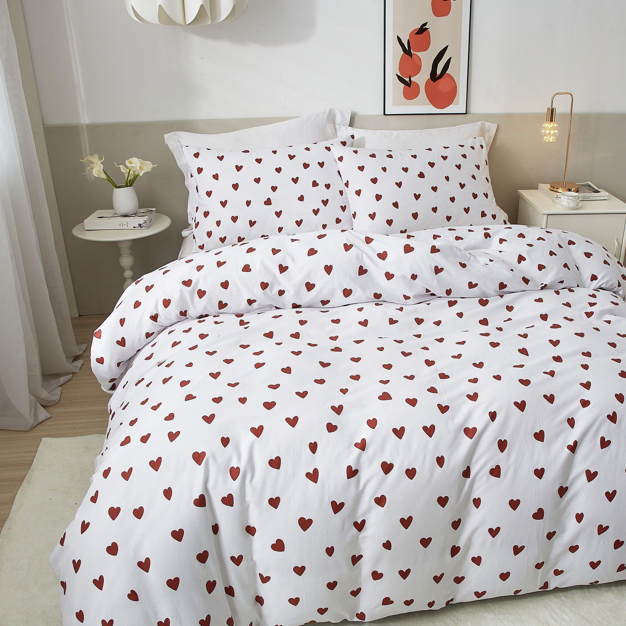 Ruccit Red Heart Duvet Cover Sets King Size 100% Cotton Love Heart Duvet Cover White Pattern Print 3pcs Modern Bedding Set with Zipper Closure Corner Ties,Soft,Easy Care,Breathable
