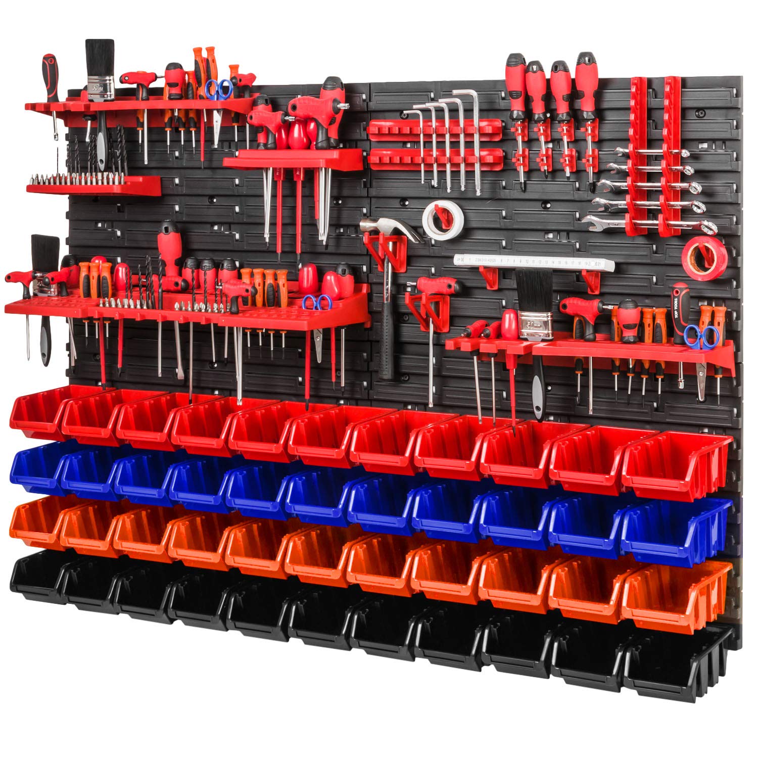 PAFEN Storage System Workshop Shelf - 1152 mm x 780 mm - Wall Shelf with 44 Pieces Stacking Boxes and Tool Holder - Shaker Shelf Wall Plates Extra Strong System (Orange/Red/Black/Blue)