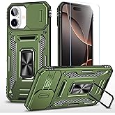 SunStory Phone Case for iPhone 16 Case with HD Screen Protector & Slide Camera Cover & Rotated Ring Kickstand, [Military-Grade] Phone Case for iPhone 16 6.1" (Z_OliveGreen)