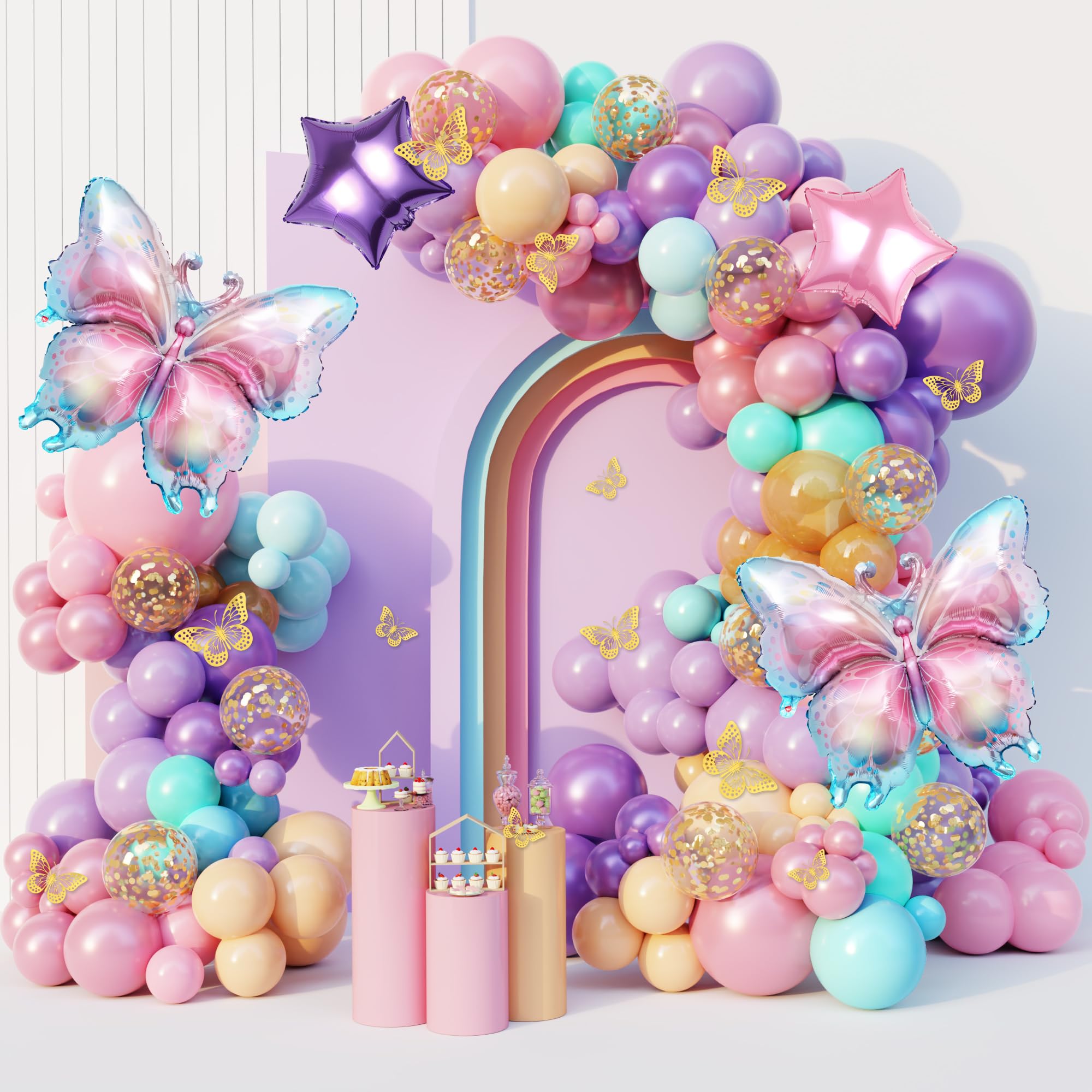 Photo 1 of 163Pcs Butterfly Pink and Purple Balloons Garland Arch Kit, Birthday Baby Shower Decorations Pink Purple Blue Confetti Star Balloons for Girls Women Mother Day Butterfly Party Baby Shower Supplies