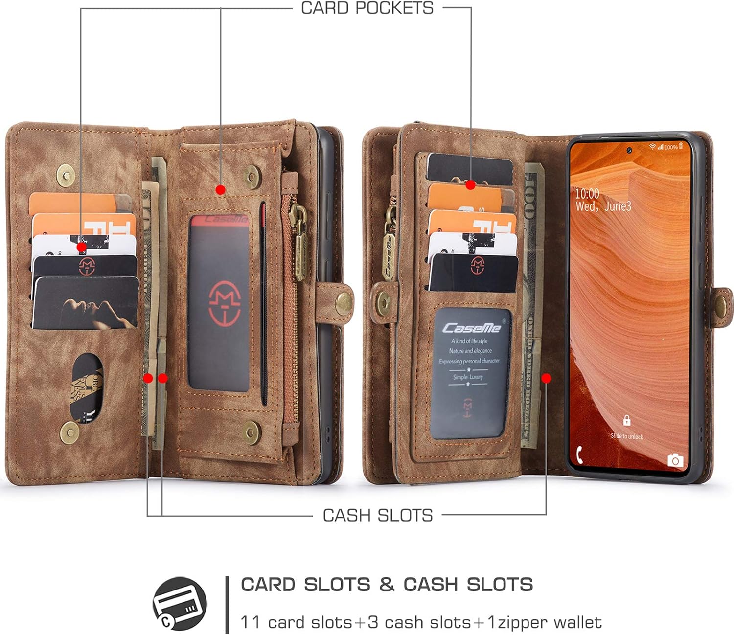 ANROD Detachable Leather Wallet Case for Samsung Galaxy S20 FE 5G,CaseMe Magnetic Closure 2-in-1 Flip TPU Shockproof Zipper Purse Back Cover with Card Slots (Coffee) - Image 3