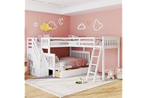 BOVZA Twin Over Full L-Shaped Wooden Bunk Bed with Storage Drawers, Ladder and Staircase, Triple Bunk Bed Frame for 3 Kids Teens Adults, White