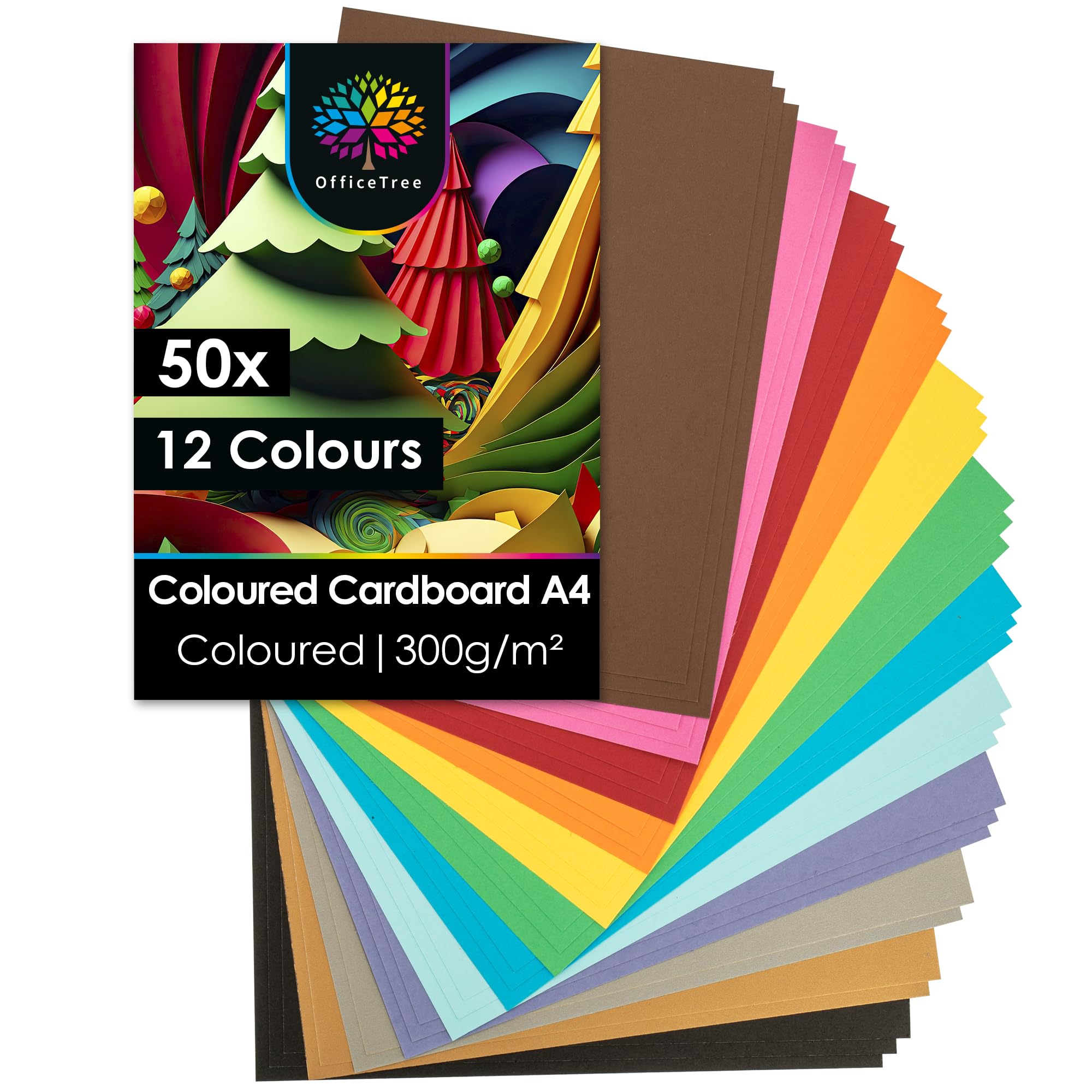OfficeTree 60x Coloured Paper A4-300 g/m² - 12 Colours - with Gold and Silver Sheets - A4 Coloured Paper - A4 Coloured Card - Crafting Card Paper for Kids - Craft Card