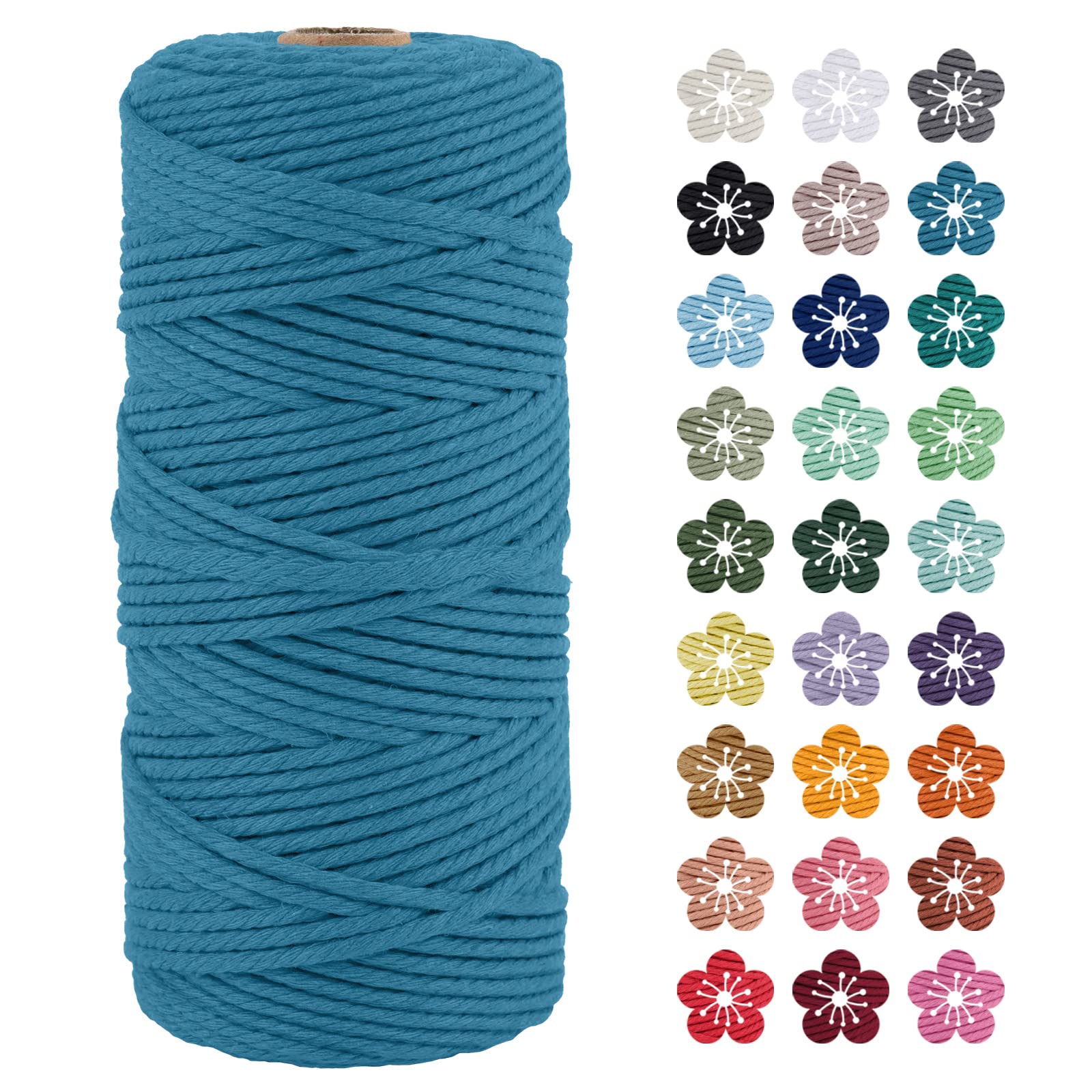 LEREATI Macrame Cord 3mm x 100m, Thick Macrame Rope Natural Cotton Rope Craft String, 4 Strand Twisted Cotton Cord Yarn for DIY Plant Hanger, Wall Hanging, Christmas Decoration (Lake Blue)