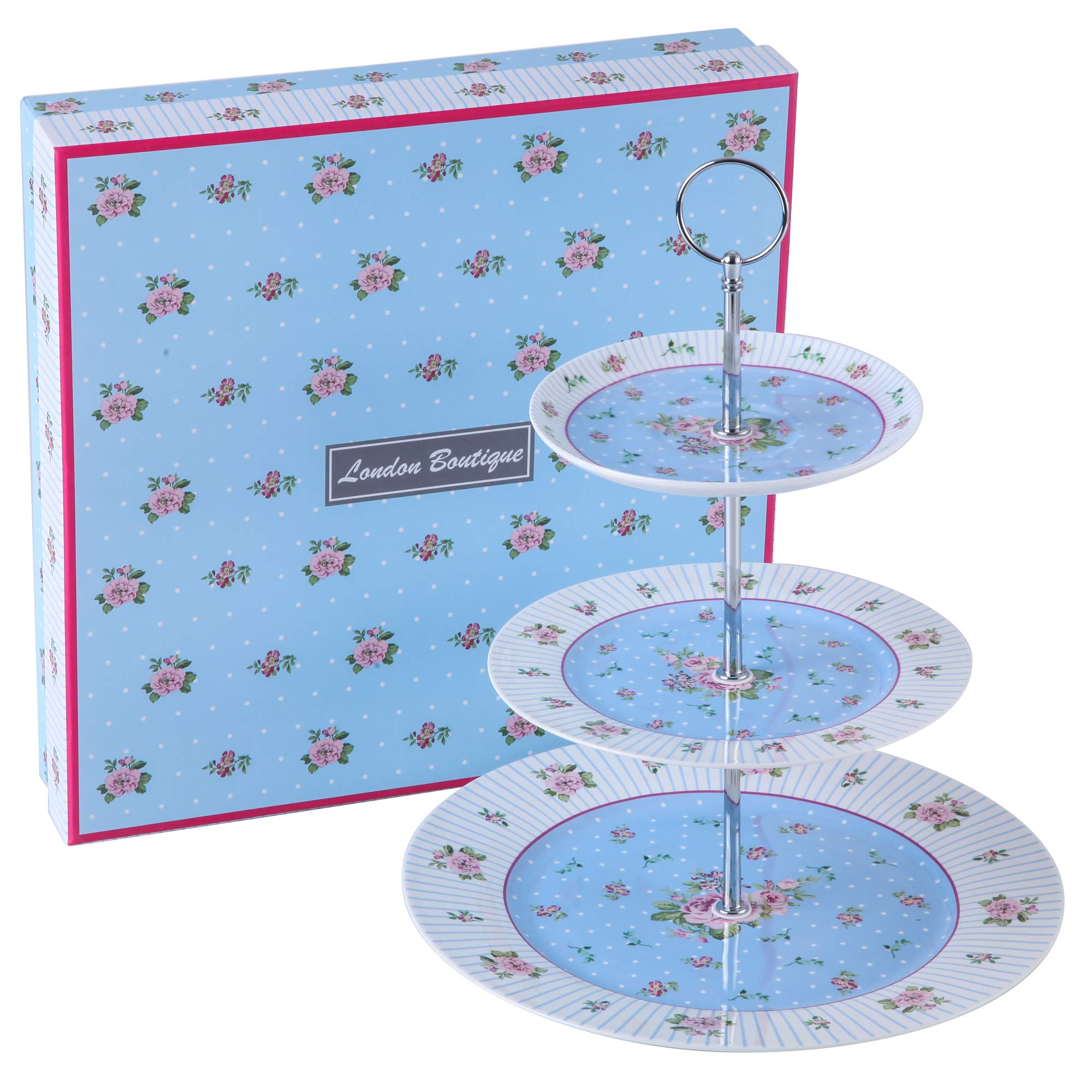 London Boutique Cake Stand afternoon tea stands 3 tier cake stand Vintage Flora Rose New Bone China Serving Plate for Tea Party High tea Gift for Her(Blue)