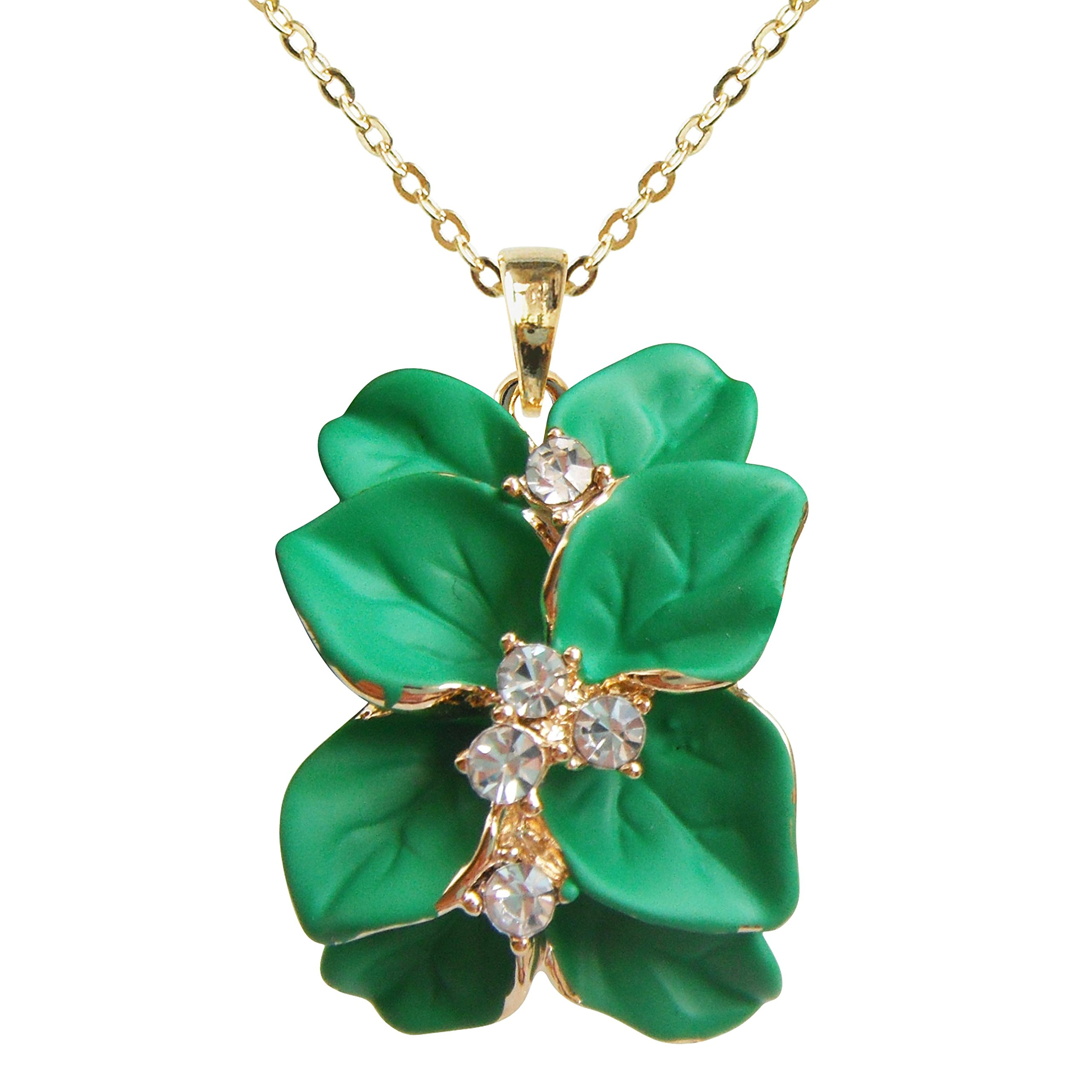 Navachi 18k Gold Plated Clear Crystal Green Enamel Leaves Flower Az6074p Pendant Necklace 16"+2" — image 1