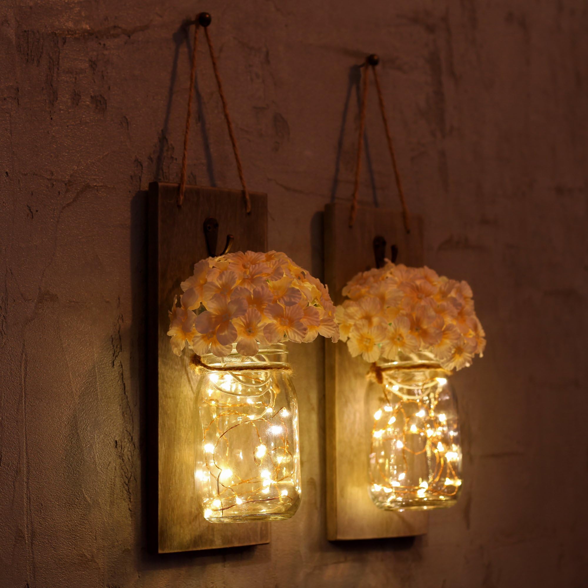 Hanging Mason Jar Sconces with LED Fairy Lights, Wrought Iron Hooks, Silk Hydrangea Candle/Flower and LED Strip Lights Design for Home Decoration (Set of 2)