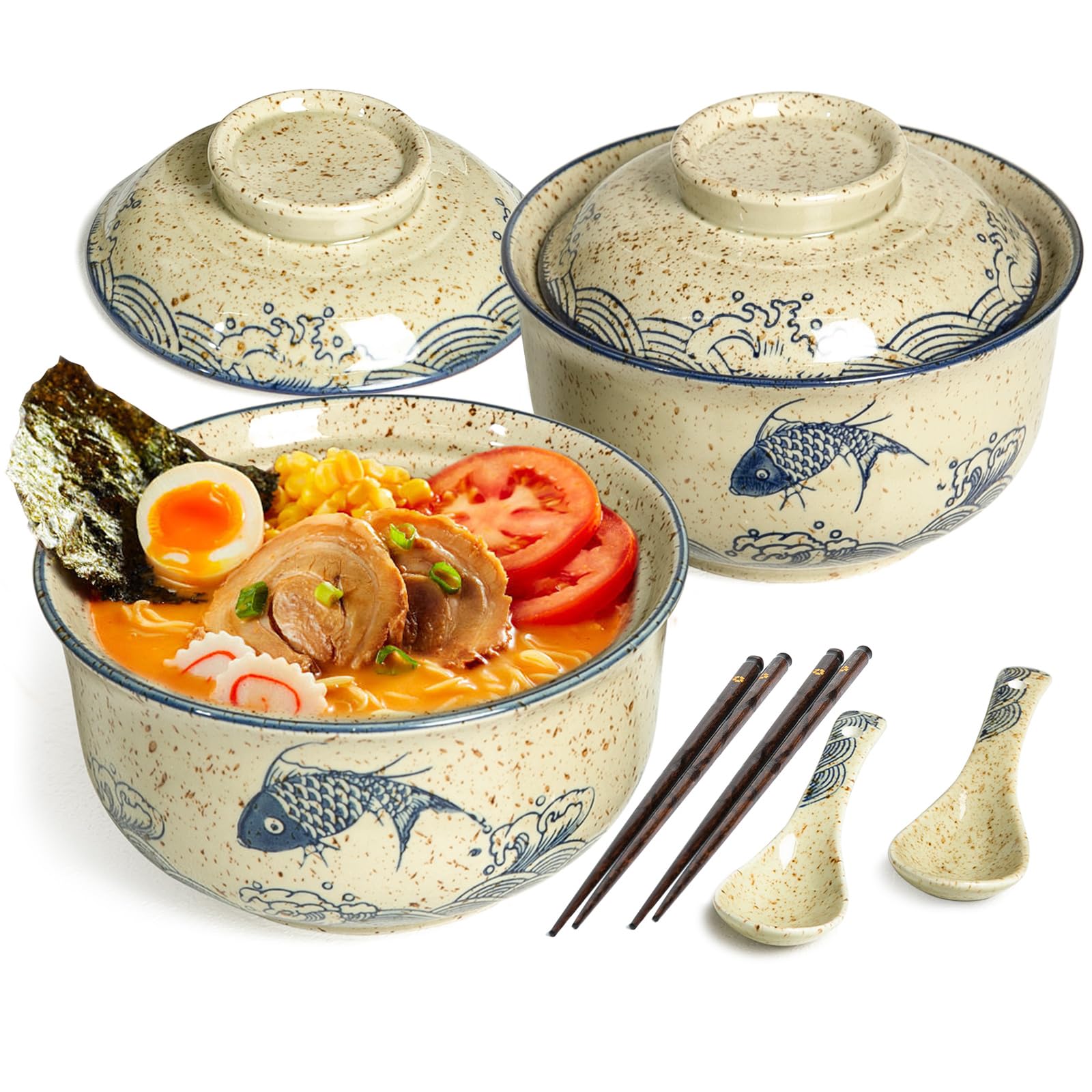Ceramic Ramen Bowl Tableware Set for 2 Person, Japanese Style Retro Ramen Bowls Set 800ml Noodle Bowl with Chopsticks and Spoons, Asian Soup Bowls with Lid for Microwave & Dishwasher Safe, Japan Fish