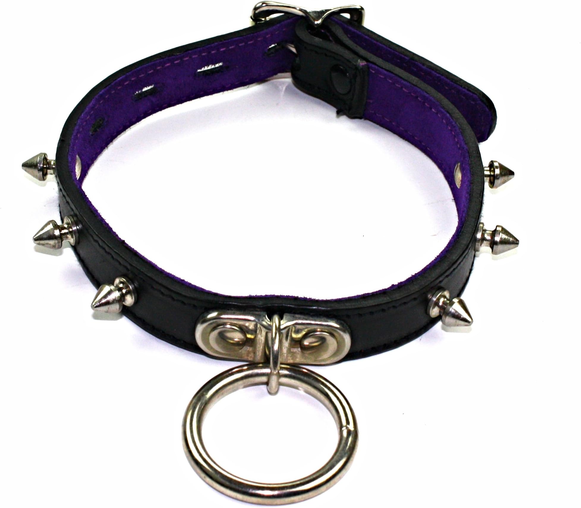 Slap Leather Small Neck Collar with Spikes and Ring in Black Leather with Purple Suede Lining