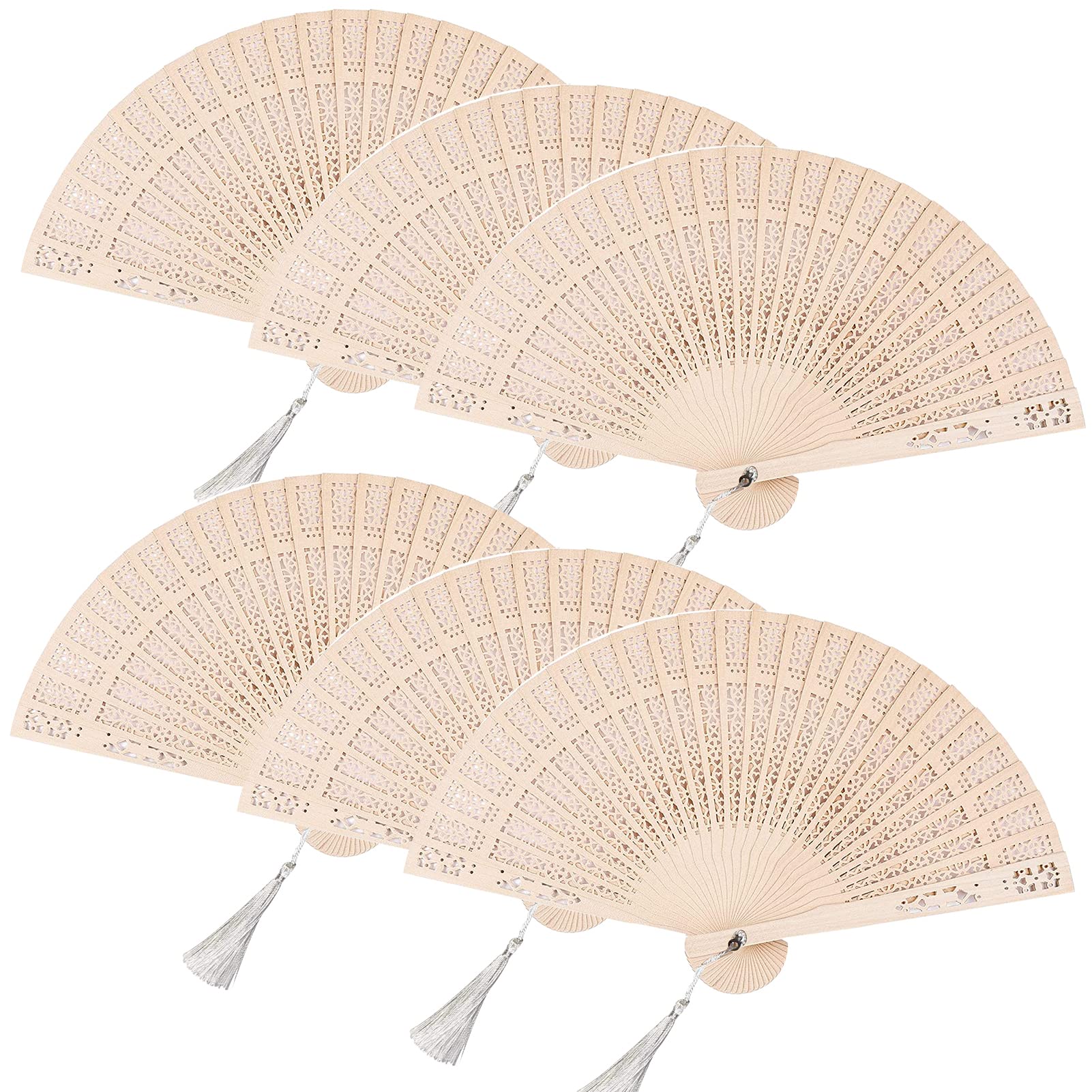 6 PCS Wooden Folding Fan, Sandalwood Fan Decorative Hollow Fan Wooden Fans Vintage Folding Handheld Fan Wooden Wedding Fan Ornament Chinese Fan Wood Hand Fans with Tassels for Women Folding Wedding