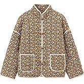 Muchpow Women's Cropped Quilted Puffer Jacket Floral Print Lightweight Long Sleeve Winter Coat Outwear