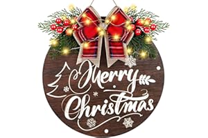 KORLON TEC Christmas Door Sign with 30 LED Lights, Lighted Christmas Wreaths for Front Door Wall Porch Window Christmas Decorations, Wooden Hanging Merry Christmas Sign for Farmhouse Indoor Outdoor Decor