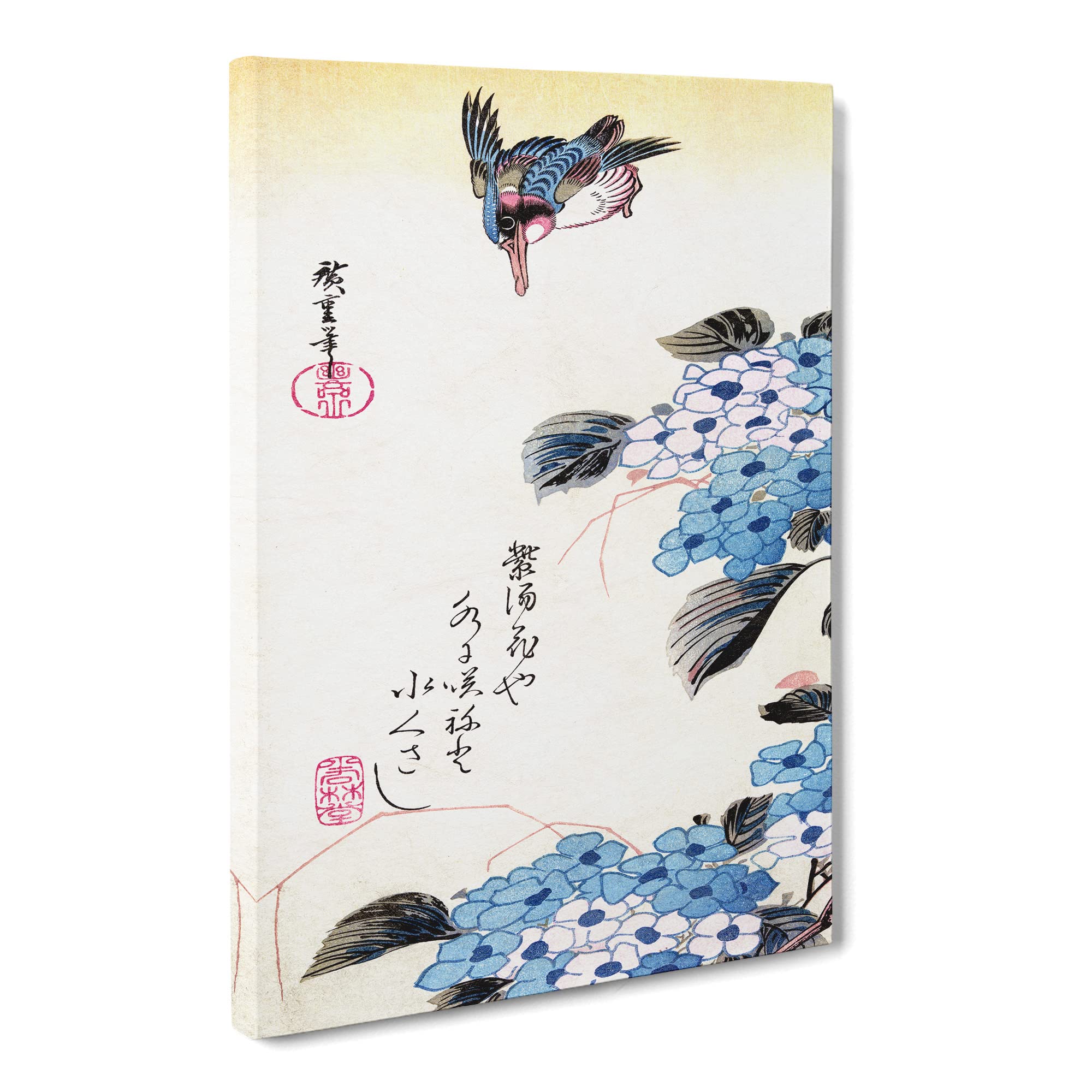 Hydrangea And Kingfisher By Utagawa Hiroshige Canvas Print | Gallery Wrapped 30mm Frame Wall Art | 20x14 inches | Ready to Hang | Asian Bird Picture | Living Room Bedroom Lounge Office