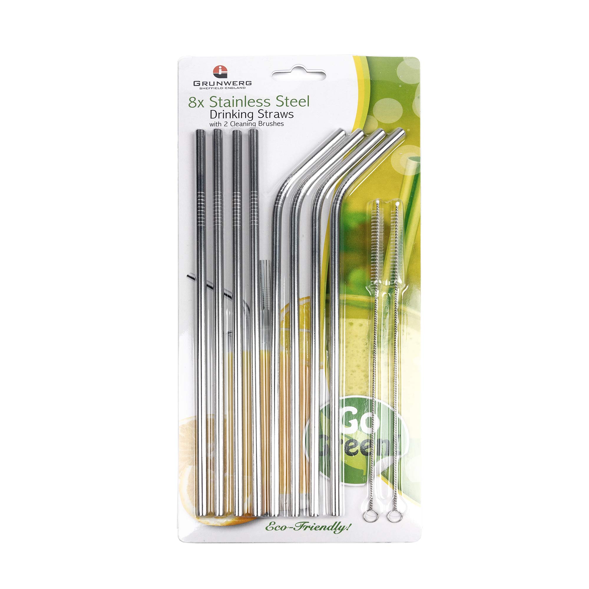 Grunwerg Set of 8 Reusable Stainless Steel Drinking Straws with 2 Cleaning Brushes, 4 Curved Straws and 4 Straight Straws, 26.5cm