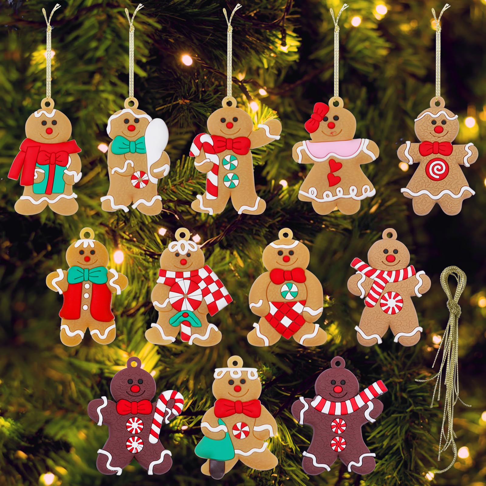 Photo 1 of 12pcs Gingerbread Man Ornaments for Christmas Tree, Assorted Styles, Holiday Decorations
