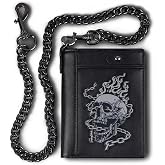 skneephate Mens Leather Wallet With Chain Skull Bifold Wallets Zipper Coin Pocket Rfid Blocking Gift For Him Husband (black)