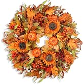 Large 24 Inch Fall Wreaths for Front Door, Farmhouse Autumn Harvest Wreath | Rustic Fall Harvest Wreath with Pumpkins, Berries, Daisies & Sunflowers for Indoor Outdoor, Autumn Thanksgiving Wreath Decor
