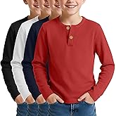 LessonZoo 4 Pack Boy's Long Sleeve Henley Shirts, Waffle Thermal Cotton Blend Tops Fall Winter Breathable Tees 5-14 Years
