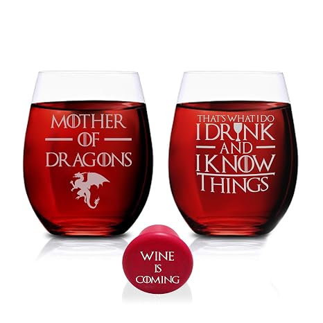 Game Of Thrones Wine Glasses Mother Of Dragons Thats What I Do I Drink And I Know Things Set Of 2 Stemless Glass 15 Oz - 