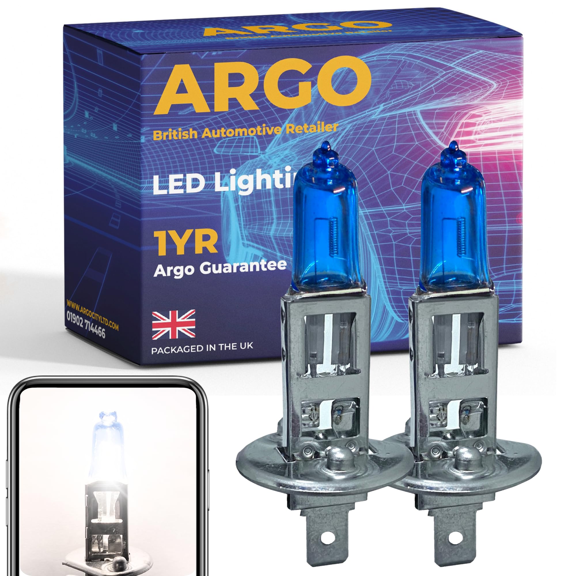 Argo H1 Headlight Bulb 55w Xenon White 6000k Super Bright Replacement h1 Bulb 448 P14,5s Car Van Front Fog Light Lamp Main Dipped High Low Beam Upgrade Halogen H1 Bulbs 12v